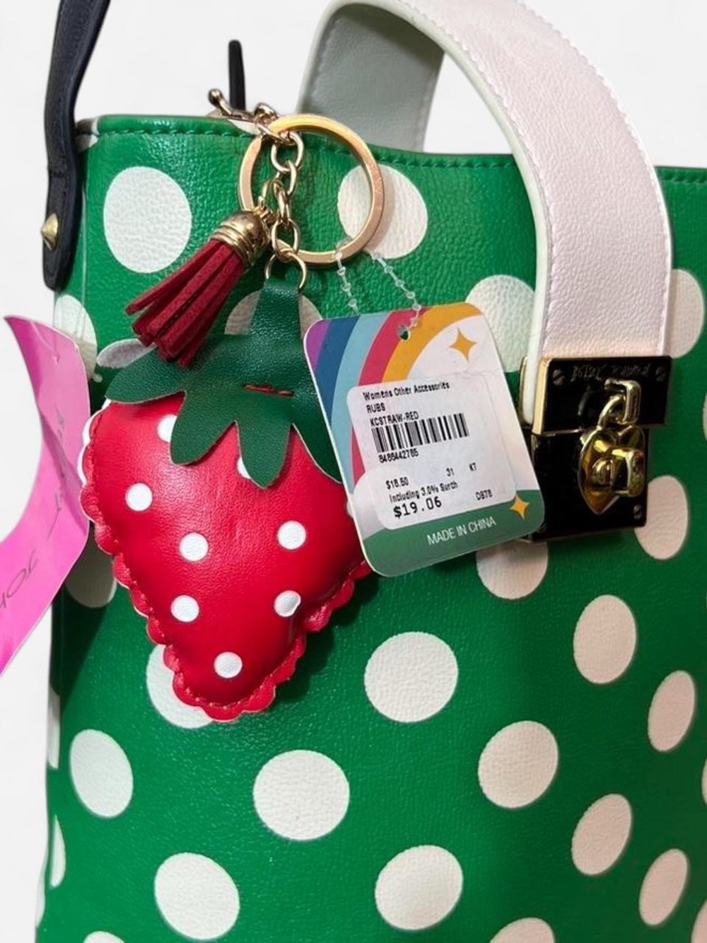 Betsy Johnson Green Polka Dot Watering Can RARE Bag with Strawberry Charm - Picture 3 of 10